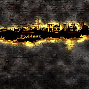 Skyline Koblenz LED Wandbild Holz Stadt AK Karte Map Stadtplan Wandsticker Leuchtbild Neonreklame Wandtattoo Reiseführer Silhouette