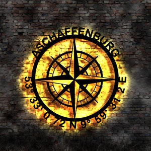 Aschaffenburg  Kompass  LED Wandbild Holz Stadt AK Karte Map Wandsticker Leuchtbild Neonreklame Wandtattoo Reiseführer Silhouette