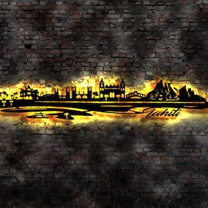 Skyline Tahiti Urlaub Island LED Wandbild Holz Stadt AK Karte Map Wandsticker Leuchtbild Neonreklame Wandtattoo Reiseführer Silhouette