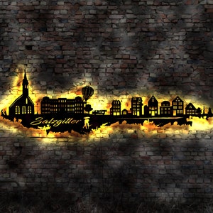 Skyline Salzgitter LED Wandbild Holz Stadt AK Karte Map Stadtplan Wandsticker Leuchtbild Neonreklame Wandtattoo Reiseführer Silhouette
