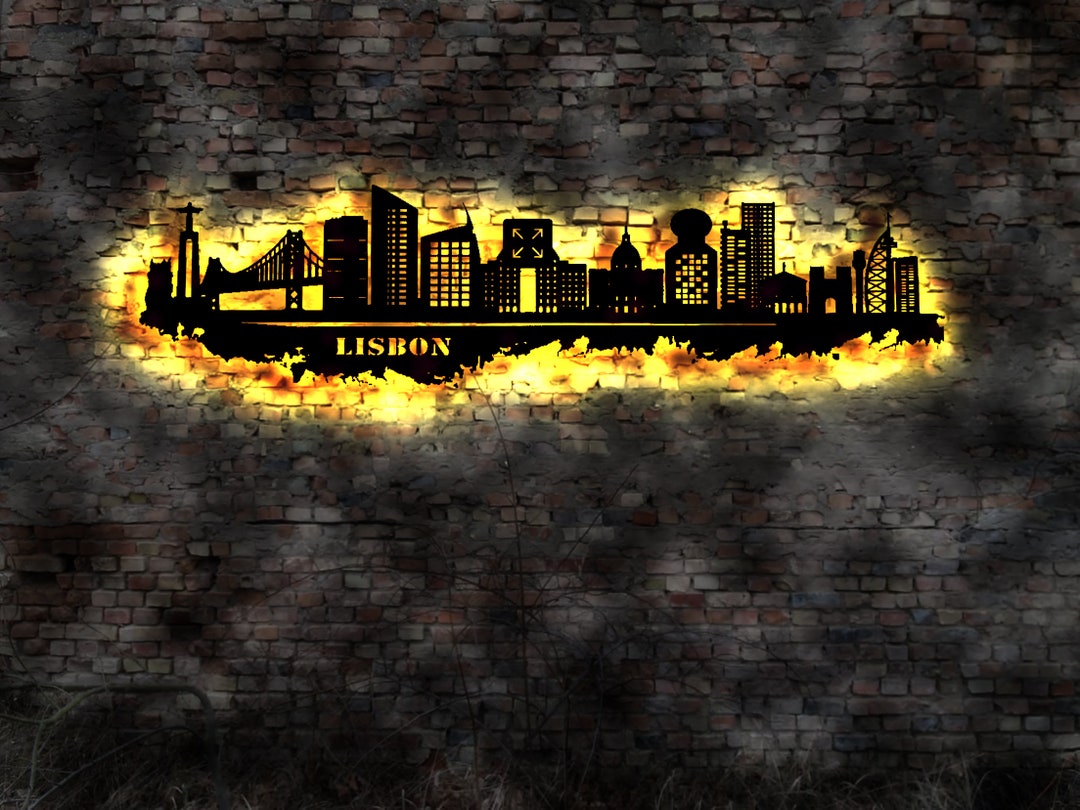 Skyline Lisbon Lisbon LED Wall Picture Wood City AK Map Map City Map ...