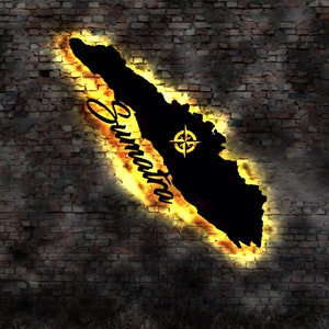 Skyline Sumatra  Island LED Wandbild Holz Stadt AK Karte Map Wandsticker Leuchtbild Neonreklame Wandtattoo Reiseführer Silhouette