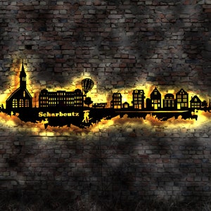 Skyline Scharbeutz  LED Wandbild Holz Stadt AK Karte Map Stadtplan Wandsticker Leuchtbild Neonreklame Wandtattoo Reiseführer Silhouette