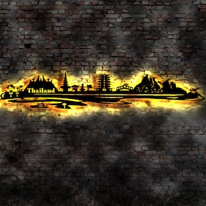 Skyline Thai Thailand LED Wandbild Holz Stadt AK Karte Map Stadtplan Wandsticker Leuchtbild Neonreklame Wandtattoo Reiseführer Silhouette