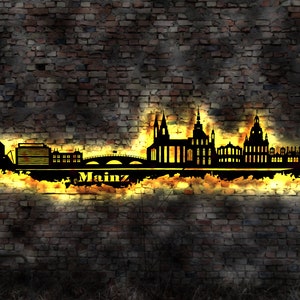 Skyline Mainz LED Wandbild Holz Stadt AK Karte Map Stadtplan Wandsticker Leuchtbild Neonreklame Wandtattoo Reiseführer Silhouette