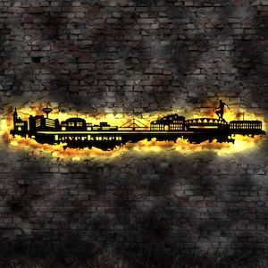 Skyline Leverkusen LED Wandbild   Holz Stadt AK Karte Map Stadtplan Wandsticker Leuchtbild Neonreklame Wandtattoo Reiseführer Silhouette