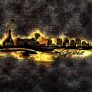 Skyline Greiz LED Wandbild Holz Stadt AK Karte Map Stadtplan Wandsticker Leuchtbild Neonreklame Wandtattoo Reiseführer Silhouette