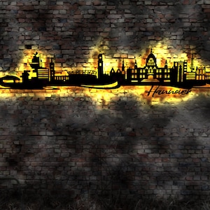 Skyline Hannover LED Wandbild Holz Stadt AK Karte Map Stadtplan Wandsticker Leuchtbild Neonreklame Wandtattoo Reiseführer Silhouette