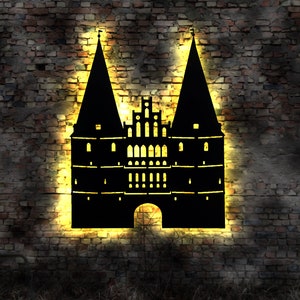 Holstentor Skyline Lübeck   LED Wandbild Holz Stadt AK Karte Map