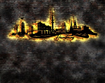 Skyline Hamburg HH Hansestadt  LED Wandbild Stadt  Karte Map Stadtplan Wandsticker Leuchtbild Neonreklame Wandtattoo Reiseführer Silhouette