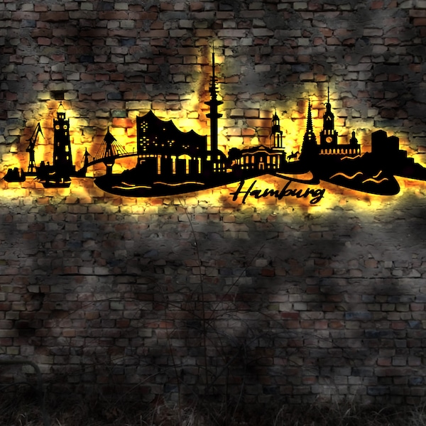 Skyline Hamburg HH Hansestadt  LED Wandbild Stadt  Karte Map Stadtplan Wandsticker Leuchtbild Neonreklame Wandtattoo Reiseführer Silhouette