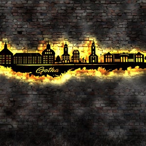 Skyline Gotha  LED Wandbild Holz Stadt AK Karte Map Stadtplan Wandsticker Leuchtbild Neonreklame Wandtattoo Reiseführer Silhouette
