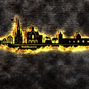 Skyline Stadt Mühlhausen Thüringen   Wandbild Holz Karte Map Stadtplan Wandsticker Leuchtbild Neonreklame Wandtattoo Aufkleber Silhouette