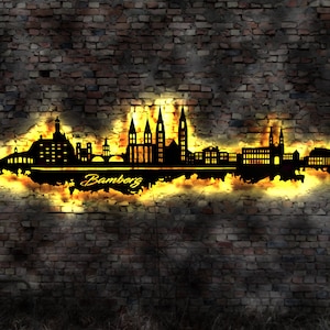 Skyline Bamberg Stadt  LED Wandbild   Holz Stadt AK Karte Map Stadtplan Wandsticker Leuchtbild Wandtattoo Reiseführer Silhouette