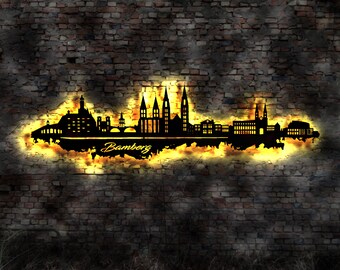 Bamberg skyline LED wall mural, wood city map, wall sticker, illuminated picture, wall decal, travel guide silhouette