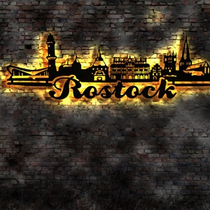 Skyline Rostock LED Wandbild Holz Stadt AK Karte Map Stadtplan Wandsticker Leuchtbild Neonreklame Wandtattoo Reiseführer Silhouette