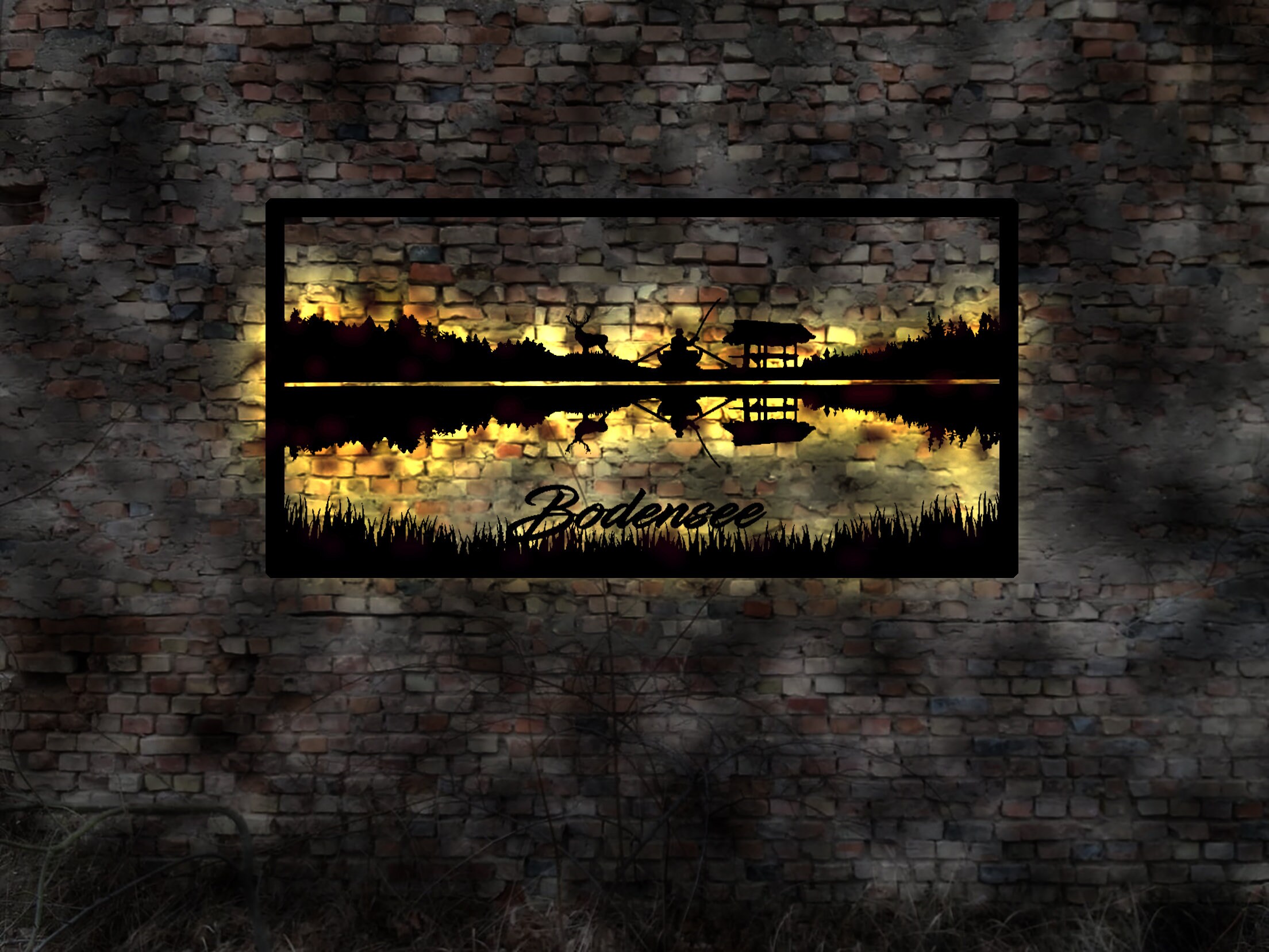 Illuminated Skyline Lake Constance Evening Mood Flag Holiday Hiking Map Book Decoration Sign Picture no Neon Advertising Neon Sign Silhouette Book