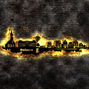 Skyline Dülmen LED Wandbild Holz Stadt AK Karte Map Stadtplan Wandsticker Leuchtbild Neonreklame Wandtattoo Reiseführer Silhouette