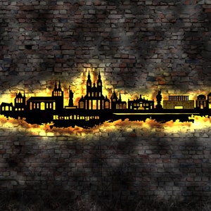Skyline Reutlingen LED Wandbild Holz Stadt AK Karte Map Stadtplan Wandsticker Leuchtbild Neonreklame Wandtattoo Reiseführer Silhouette