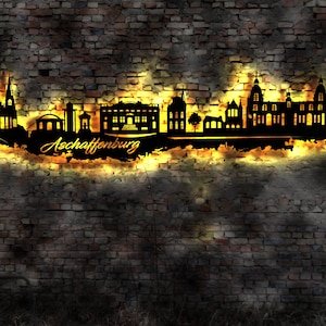 Skyline Aschaffenburg LED Wandbild Holz Stadt AK Karte Map Stadtplan Wandsticker Leuchtbild Neonreklame Wandtattoo Reiseführer Silhouette