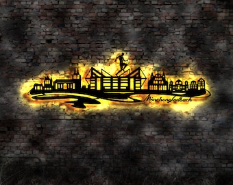 Mönchengladbach skyline LED wall mural, wood, city map, wall sticker, neon sign, wall decal, travel guide, silhouette