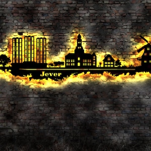Skyline Stadt Jever  LED Wandbild Holz Stadt AK Karte Map Stadtplan Wandsticker Leuchtbild Neonreklame
