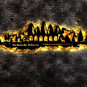 LED Skyline Sächsische Schweiz Sachsen Gebirge  Wandbild Holz Stadt AK Karte  Leuchtbild Schild Bild  Wandtattoo Reiseführer Silhouette