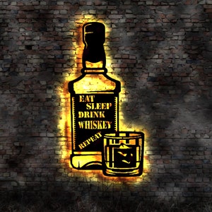 Eat sleep drink Whiskey repeat Bar  no Gläser Irish drink bottle Fass Bar Tresen Holzfass Whyskeyfass Sammler  Collection Whiski sign Schild