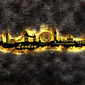 Skyline London UK  LED Wandbild Holz Stadt AK Karte Map Stadtplan Wandsticker Leuchtbild Neonreklame Wandtattoo Reiseführer Silhouette