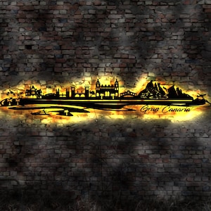 Skyline Gran Canaria Las Palmas Kanarische Inseln Urlaub  LED Wandbild Holz Stadt AK Karte Map Wandsticker Wandtattoo Reiseführer Silhouette