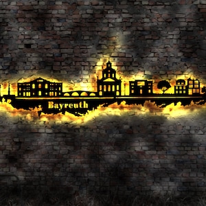 Skyline Bayreuth LED Wandbild Holz Stadt AK Karte Map Stadtplan Wandsticker Leuchtbild Neonreklame Wandtattoo Reiseführer Silhouette