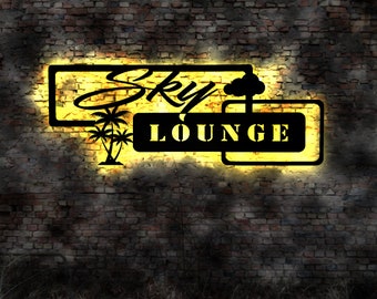 Sky Lounge neon sign Beach Bar sign palm trees counter decoration open air