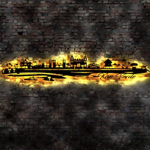 Skyline Kap Verde Kapverden Kapwerden  Wandbild Holz Stadt AK Karte Map Wandsticker Leuchtbild Neonreklame Wandtattoo Reiseführer Silhouette