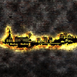 Skyline Baden Baden LED Wandbild Holz Stadt AK Karte Map Stadtplan Wandsticker Leuchtbild Neonreklame Wandtattoo Reiseführer Silhouette