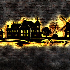 Skyline Papenburg  LED Wandbild   Holz Stadt AK Karte Map Stadtplan Wandsticker Leuchtbild Neonreklame Wandtattoo Reiseführer Silhouette