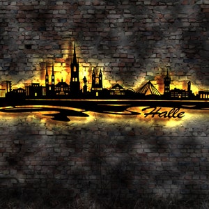 Skyline Halle LED Wandbild Holz Stadt AK Karte Map Stadtplan Wandsticker Leuchtbild Neonreklame Wandtattoo Reiseführer Silhouette