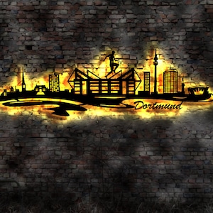 Skyline Dortmund LED Wandbild Holz Stadt AK Karte Map Stadtplan Wandsticker Leuchtbild Neonreklame Wandtattoo Reiseführer Silhouette