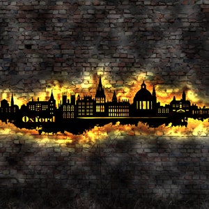 Skyline Oxford LED Wandbild   Holz Stadt AK Karte Map Stadtplan Wandsticker Leuchtbild Neonreklame Wandtattoo Reiseführer Silhouette