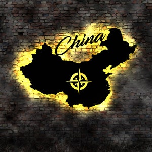 Skyline China  LED Wandbild Holz Stadt AK Karte Map Wandsticker Leuchtbild Neonreklame Wandtattoo Reiseführer Silhouette