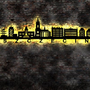 Skyline Szczecin Stettin Poland Polen  LED Wandbild Holz Stadt AK Karte Map Stadtplan  Wandtattoo Reiseführer Silhouette