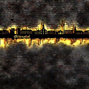 Skyline Gütersloh  LED Wandbild Holz Stadt AK Karte Map Stadtplan Wandsticker Leuchtbild Neonreklame Wandtattoo Reiseführer Silhouette