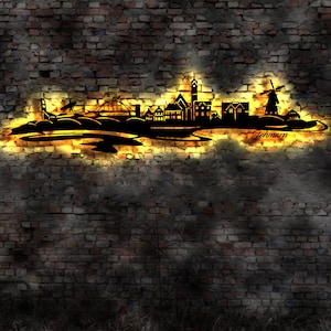 Skyline Fehmarn Nordsee  Urlaub  LED Wandbild Holz Stadt AK Karte Map Wandsticker Leuchtbild Neonreklame Wandtattoo Reiseführer Silhouette