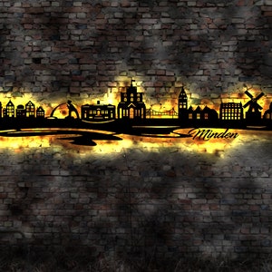 Skyline Minden LED Wandbild Holz Stadt AK Karte Map Stadtplan Wandsticker Leuchtbild Neonreklame Wandtattoo Reiseführer Silhouette