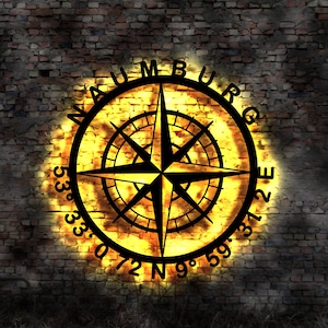 Naumburg  Kompass  LED Wandbild Holz Stadt AK Karte Map Wandsticker Leuchtbild Neonreklame Wandtattoo Reiseführer Silhouette