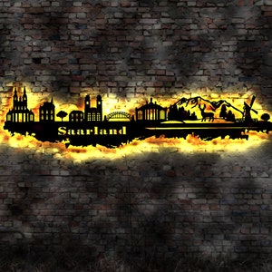 Skyline Saarland Saarbrücken LED Wandbild Holz Stadt AK Karte Map Stadtplan Wandsticker Leuchtbild  Wandtattoo Reiseführer Silhouette