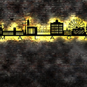 Skyline Malaga Spain Spanien   Wandbild Holz Stadt AK Karte Map Stadtplan Wandsticker Leuchtbild Neonreklame Wandtattoo Silhouette