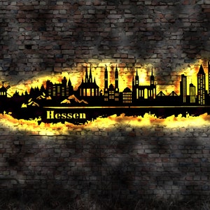 Skyline Bundesland Hessen LED Wandbild Holz Stadt AK Karte Stadtplan Wandsticker Leuchtbild Wiesbaden   Wandtattoo Reiseführer Silhouette