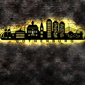 Skyline Göteborg Gothenburg Schweden LED Wandbild Holz Stadt  Map Stadtplan Wandsticker Leuchtbild  Wandtattoo Reiseführer Silhouette