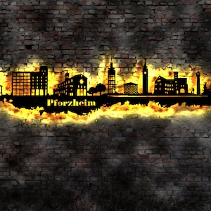 Skyline Pforzheim LED Wandbild Holz Stadt AK Karte Map Stadtplan Wandsticker Leuchtbild Neonreklame
