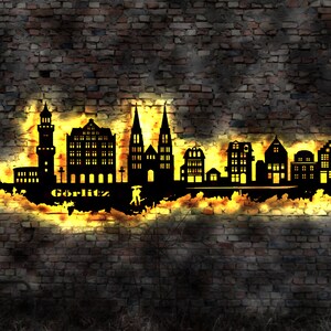 Skyline Görlitz LED Wandbild Holz Stadt AK Karte Map Stadtplan Wandsticker Leuchtbild Neonreklame Wandtattoo Reiseführer Silhouette